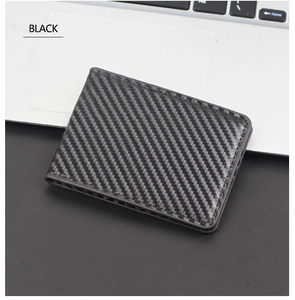 Close-up of black carbon fiber texture driver license wallet with precision stitching
