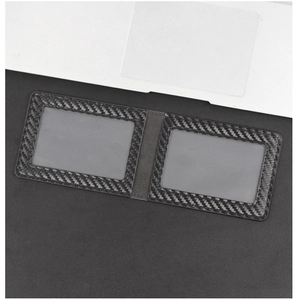 Detail view of carbon fiber texture and dual transparent card slots on the document holder