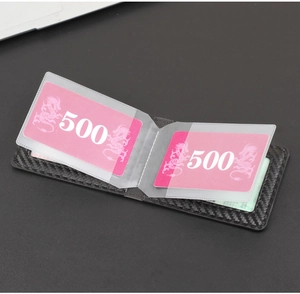 Detail of carbon fiber driver license holder with dual transparent internal card slots