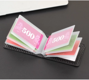 Detailed view of the carbon fiber driver license holder with multi-slot transparent inserts