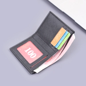Vertical black Saffiano leather bifold wallet with multi-card slots and ID window