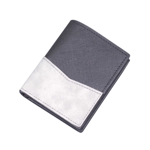 Vertical bi-fold minimalist men's short wallet with grey faux leather patchwork design