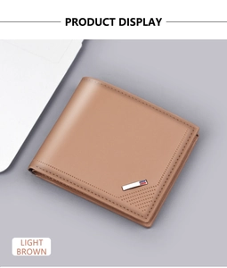 Detail view of light brown matte leather bifold wallet with tri-color stitching and metal logo