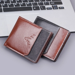 Portafoglio Corto Bifold da Uomo in Pelle PU Sottile Business Casual Multi-Slot per Carte Fermasoldi Con Logo a Cervo in Rilievo Dettaglio Cuciture