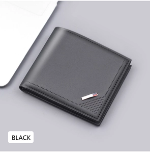Detail view of black bifold business wallet with leather texture and tricolor stripe accent