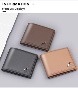 Short bi-fold wallets for men in dark brown, black and tan leather with metal logos