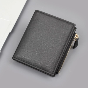 Men Vertical Bifold Wallet Saffiano Texture PU Leather Multi Card Slots Zipper Coin Pocket Minimalist Business Purse