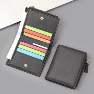 Minimalist black Saffiano leather bifold wallet with 8 card slots and side zipper