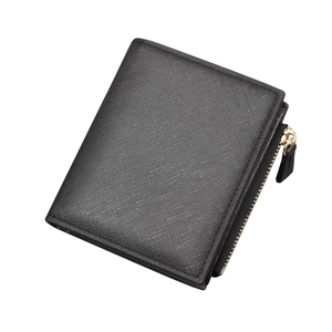 Short black Saffiano leather bifold wallet for men with a secure gold zipper pocket
