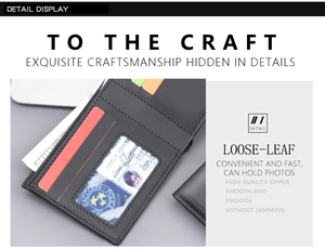 Detailed interior view of a black leather wallet showing card slots and ID photo window