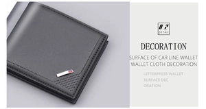 Detail view of business man wallet with visible stitching and striped metal decor