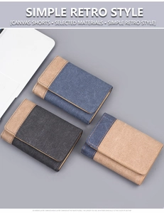 Retro tri-fold canvas and cowhide wallet showing three dual-tone color options