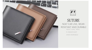 Three classic men's bifold wallets in black and brown with neat stitching and metal decor