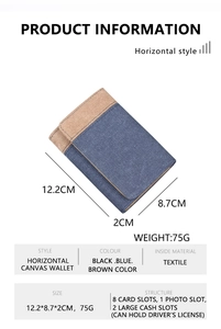 Detailed size specifications and interior compartments of the tri-fold canvas wallet for men