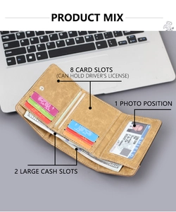 Detailed interior view of tri-fold wallet with multiple card slots and photo window