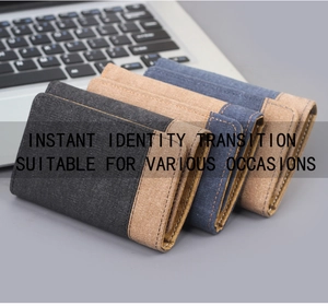 Close-up of four canvas tri-fold wallets in black, khaki, indigo, and light brown colors