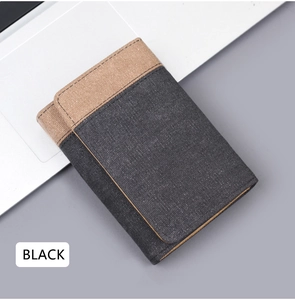Detailed view of heavy-duty canvas wallet in khaki and dark grey with black stitching