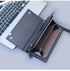 Detail view of large capacity men's business wallet with card slots and coin pocket