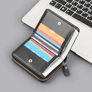 Portefeuille vertical en similicuir noir avec fermeture éclair dorée et porte-cartes homme