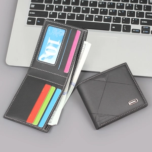 Classic men's black bifold leather wallet with white stitching and card slots