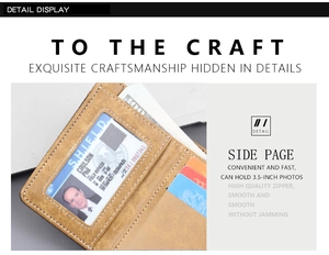 Detail view of tri-fold wallet featuring ID window and multiple card slots in brown suede