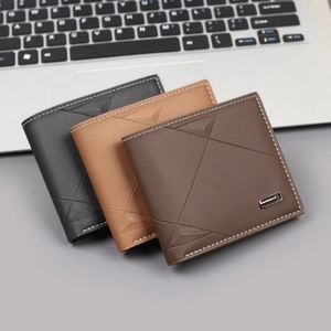 Three-color minimalist men's short leather wallets with geometric texture and metal buckle