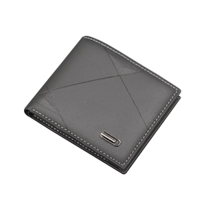 Slim bifold men's leather wallet with geometric stitching and metal trim detail