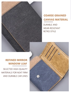 Detail of retro canvas wallet showing blue-brown stitching and card slots layout