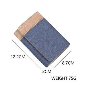 Men's tri-fold denim canvas wallet with khaki trim and stitching, 12.2x8.7x2cm
