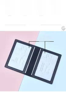 Macro shot of black PU leather document holder with two transparent internal PVC slots