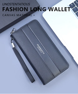 Deep blue long men's business wallet in textured canvas with wristlet strap and zipper