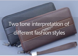 Detailed view of long zip wallets in black and brown textured leather with wrist straps