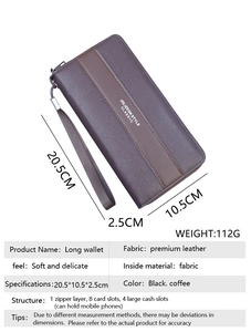 Detailed spec sheet showing coffee brown leather long clutch with 8 card slots
