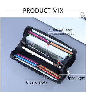 Internal view of a long leather wallet featuring 8 card slots and 4 bill compartments