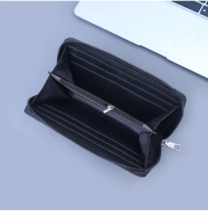 Detail view of men's long wallet featuring multiple card slots and a large zipper pocket