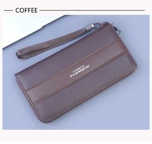 Detailed view of coffee brown long wallet with palm texture, wrist strap and zipper
