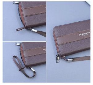 Detail of coffee brown textured leather men's long wallet with zip and wrist strap