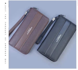Close-up of long business wallets with lychee texture and metallic zipper detail