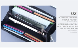 Detailed interior of men's long wallet showing multi-card slots and phone compartment