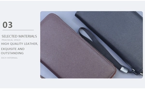 Detail of high quality cross-grain leather texture and metal zipper on men's long clutch wallet