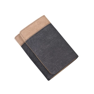 Three-fold men's canvas wallet with khaki and dark gray patchwork design in 45-degree view