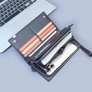 Men's large capacity business zipper wallet with multiple card slots and phone pocket