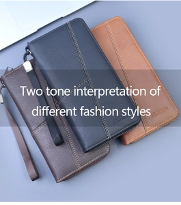 Three multi-functional zip wallets in dark brown, navy, and tan leather texture