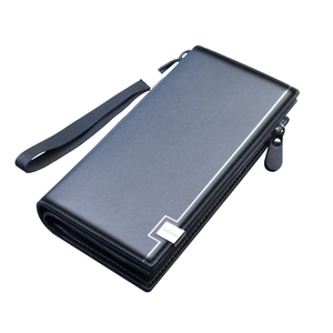 Men's large capacity business clutch bag in dark grey textured leather with wrist strap