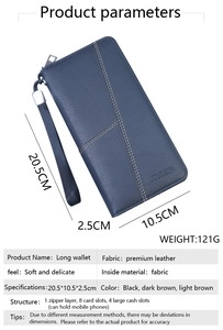 Blue premium leather long wallet featuring detailed dimensions and internal structure