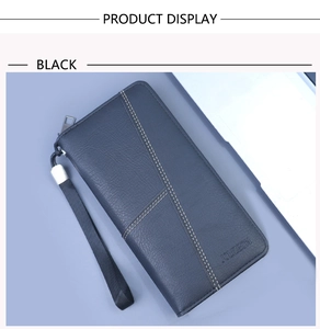 Macro detail of men's long zip wallet with V-stitch texture and logo branding