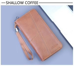 Close-up of shallow coffee PU leather wallet with diagonal stitching and wrist strap