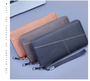 Three men's long zip wallets in black, coffee, and tan with textured lychee grain