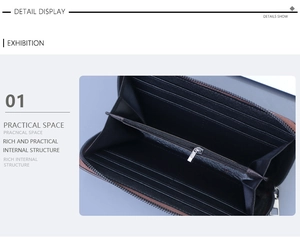 Detailed interior of long men's wallet showing multiple card slots and zipper pocket