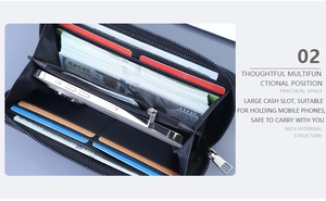 Macro view of men's leather wallet interior showing card slots and smartphone compartment
